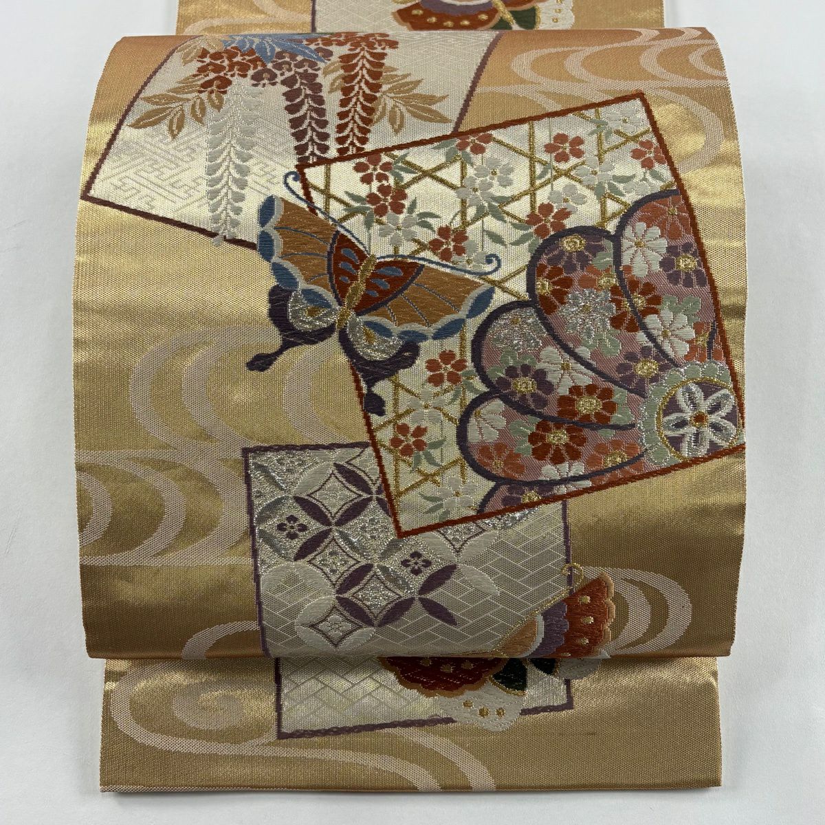袋帶 秀品級 蝶 草花紋刺繡 金銀彩 金色 六通 純蠶絲