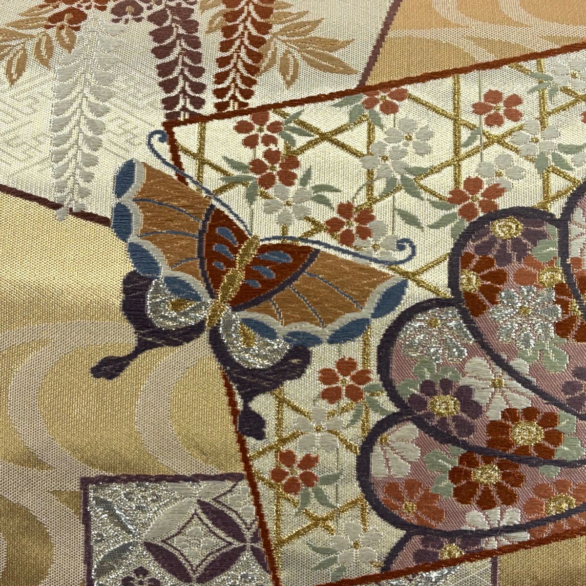 袋帶 秀品級 蝶 草花紋刺繡 金銀彩 金色 六通 純蠶絲