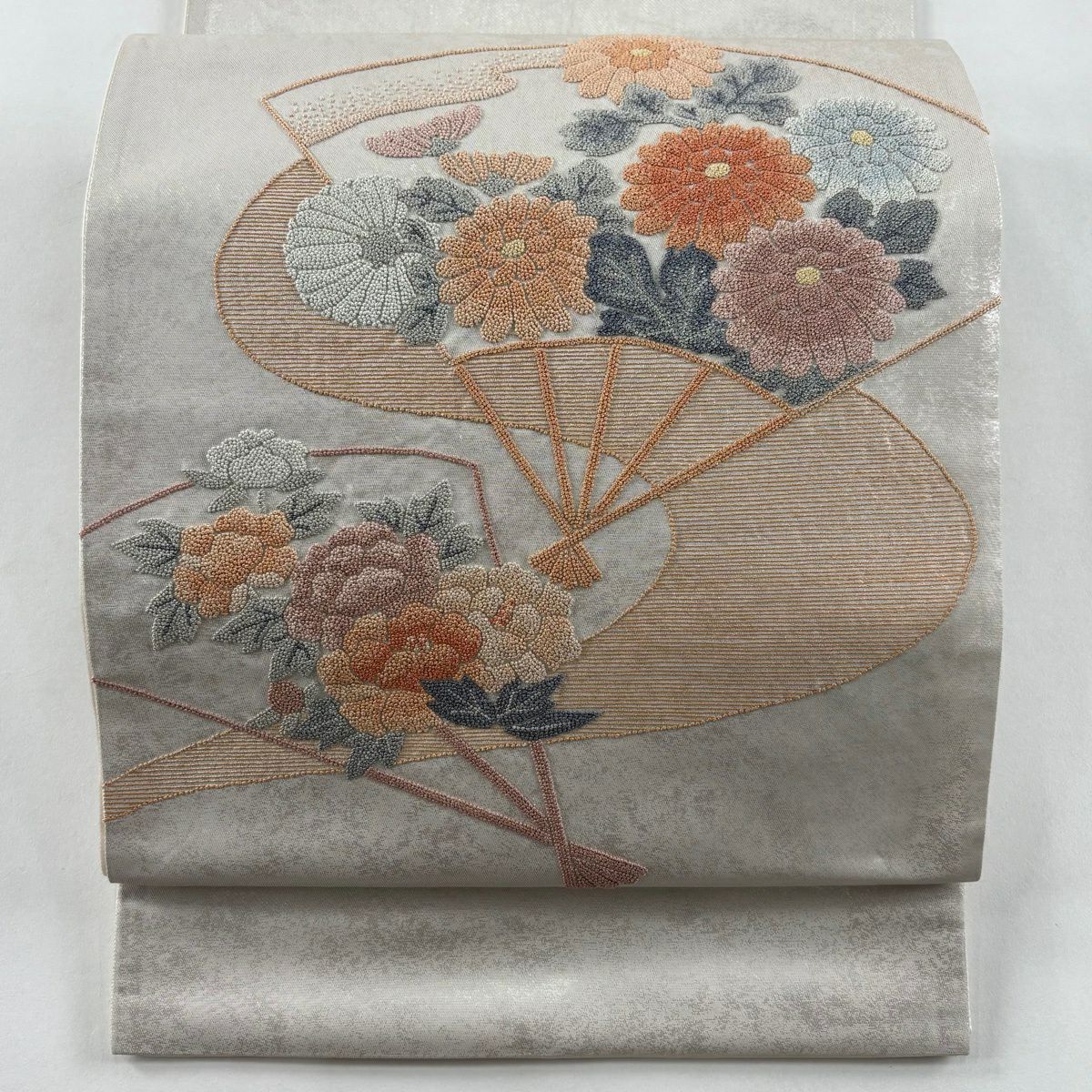 袋帶 秀品級 扇子 菊花 刺繡 金金箔 奶油色 大鼓圖案 純蠶絲