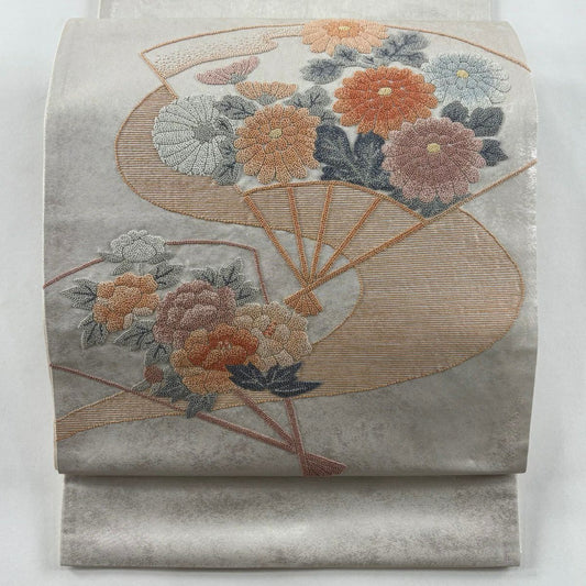 袋帶 秀品級 扇子 菊花 刺繡 金金箔 奶油色 大鼓圖案 純蠶絲