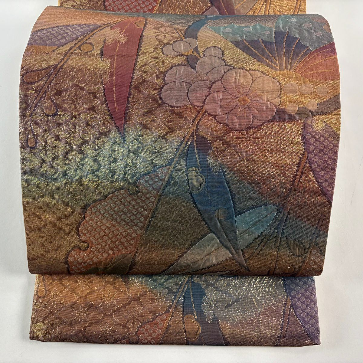 【美品】 袋帶 秀品級 蝶 梅花 金金箔 金茶 六通 純蠶絲