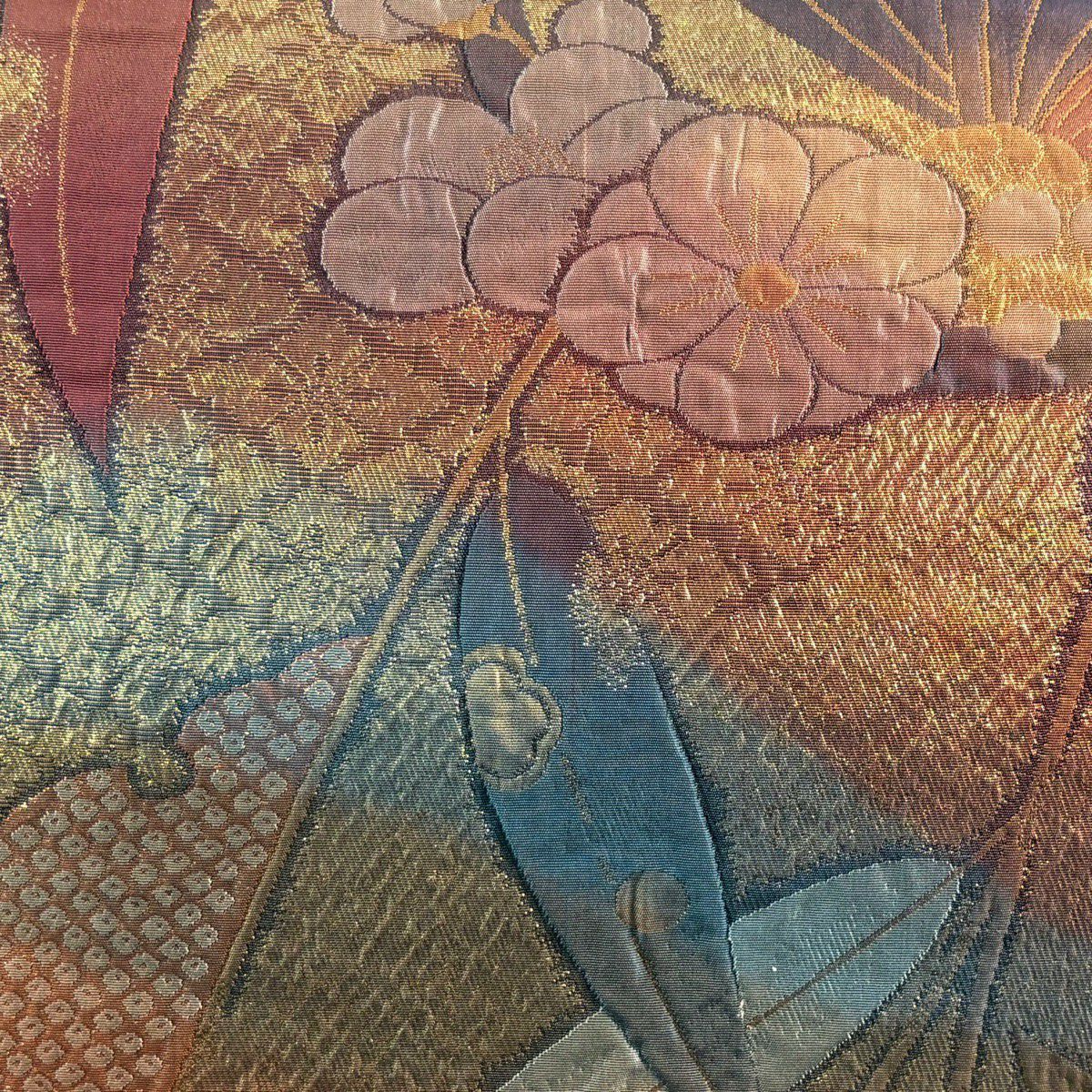 【美品】 袋帶 秀品級 蝶 梅花 金金箔 金茶 六通 純蠶絲