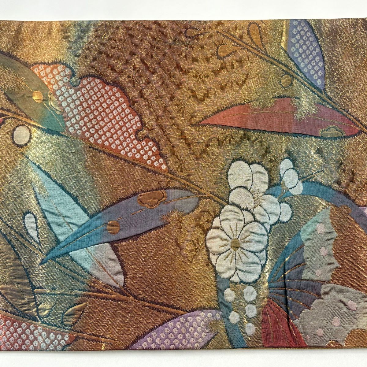 【美品】 袋帶 秀品級 蝶 梅花 金金箔 金茶 六通 純蠶絲