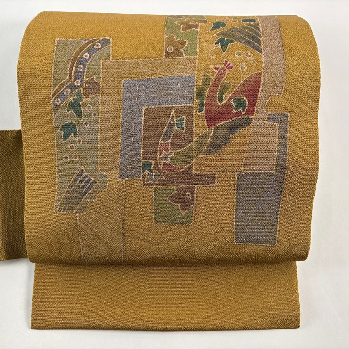 【美品】 名古屋帶 秀品級 附落款 鳥 花 絞織 黃土色 純蠶絲