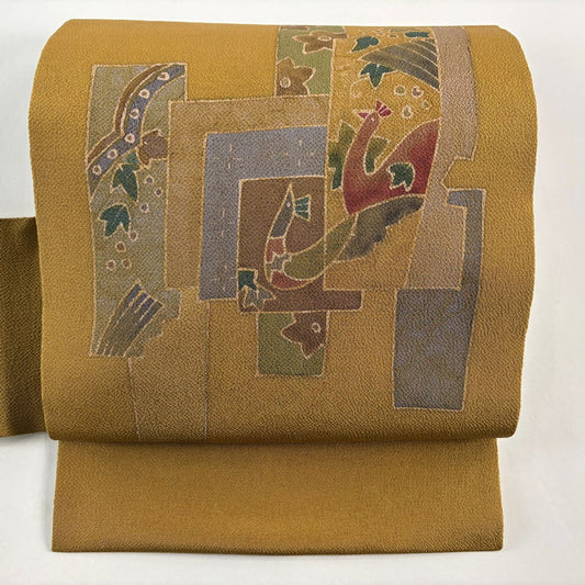 【美品】 名古屋帶 秀品級 附落款 鳥 花 絞織 黃土色 純蠶絲