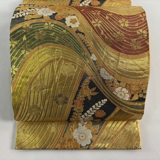 袋帶 秀品級 草花紋紋 波紋 金絲 金金箔 金色 全通 純蠶絲