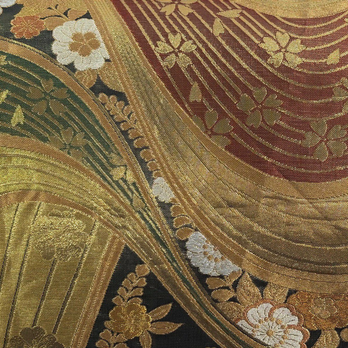 袋帶 秀品級 草花紋紋 波紋 金絲 金金箔 金色 全通 純蠶絲