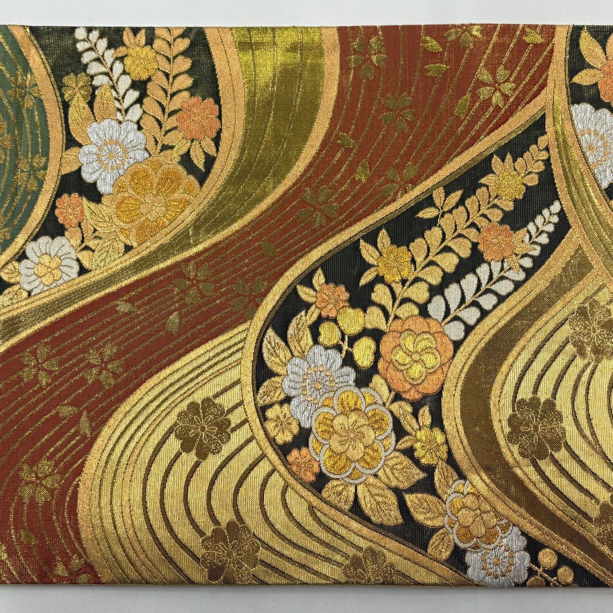 袋帶 秀品級 草花紋紋 波紋 金絲 金金箔 金色 全通 純蠶絲