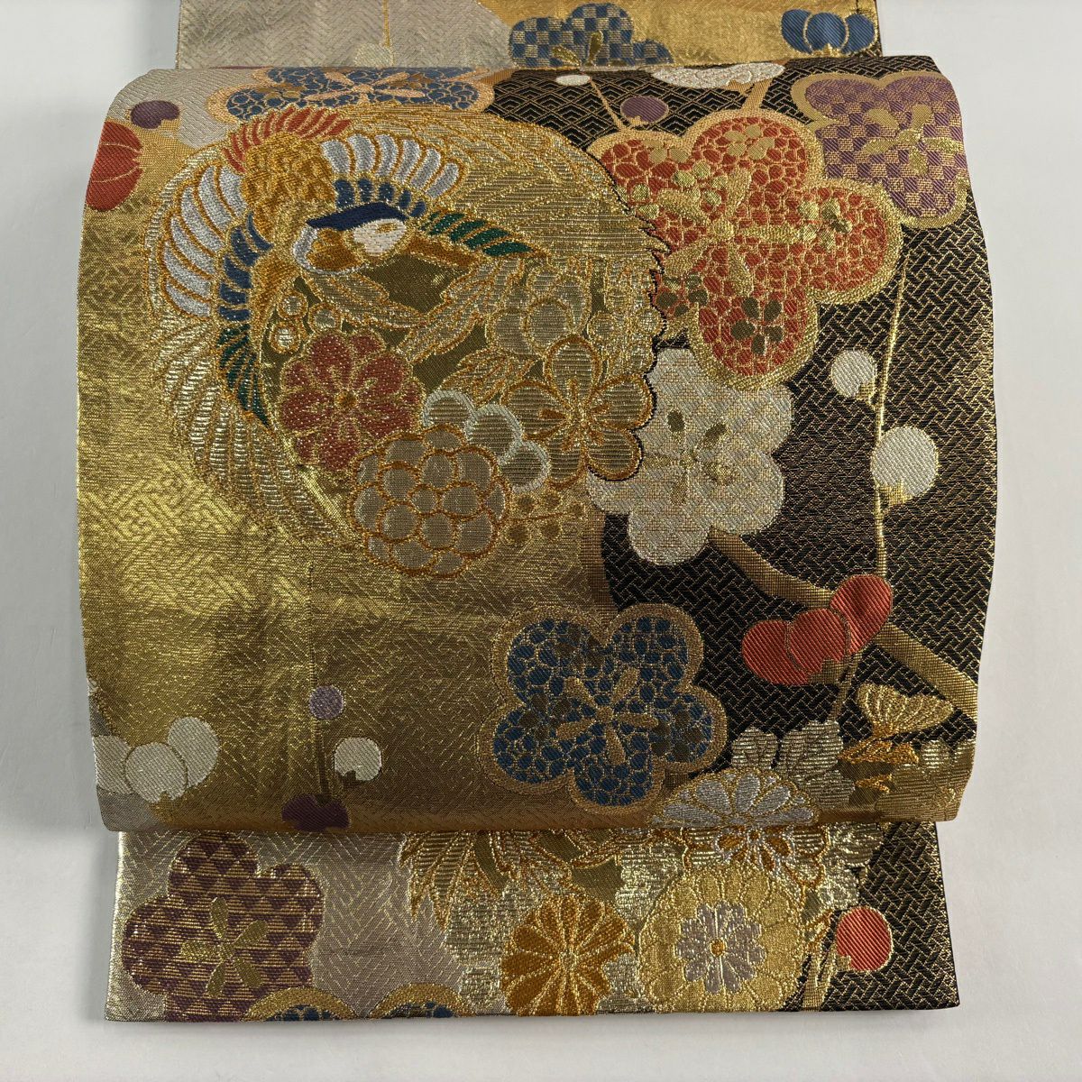 袋帶 秀品級 梅花樹鳳凰的圓形 金銀絲 金金箔 金色 六通 純蠶絲