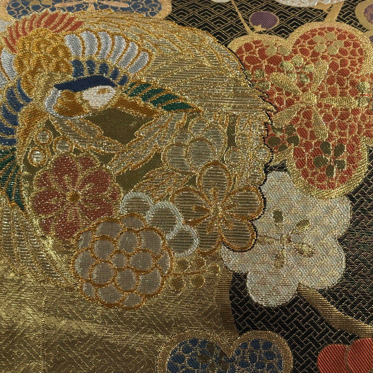 袋帶 秀品級 梅花樹鳳凰的圓形 金銀絲 金金箔 金色 六通 純蠶絲