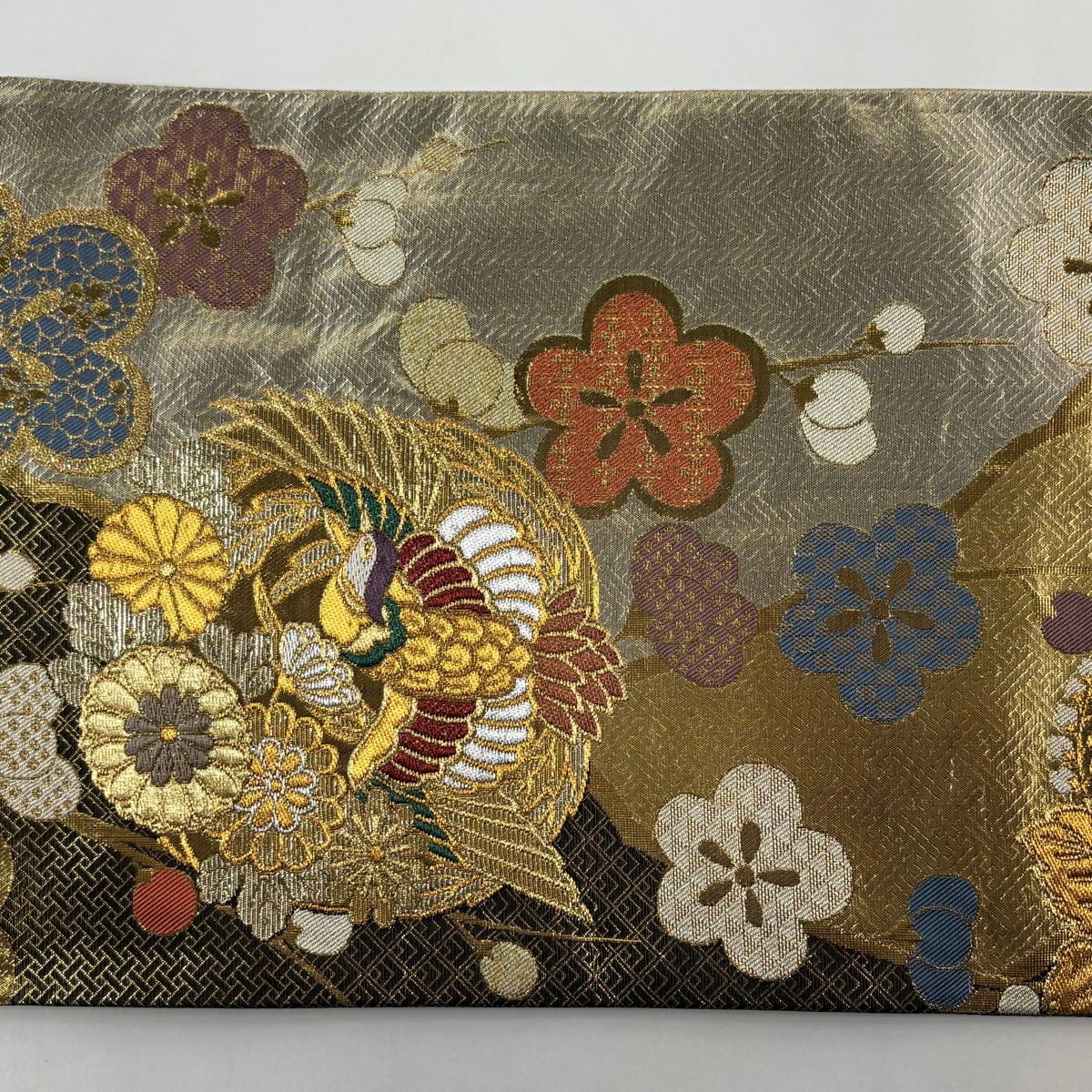 袋帶 秀品級 梅花樹鳳凰的圓形 金銀絲 金金箔 金色 六通 純蠶絲