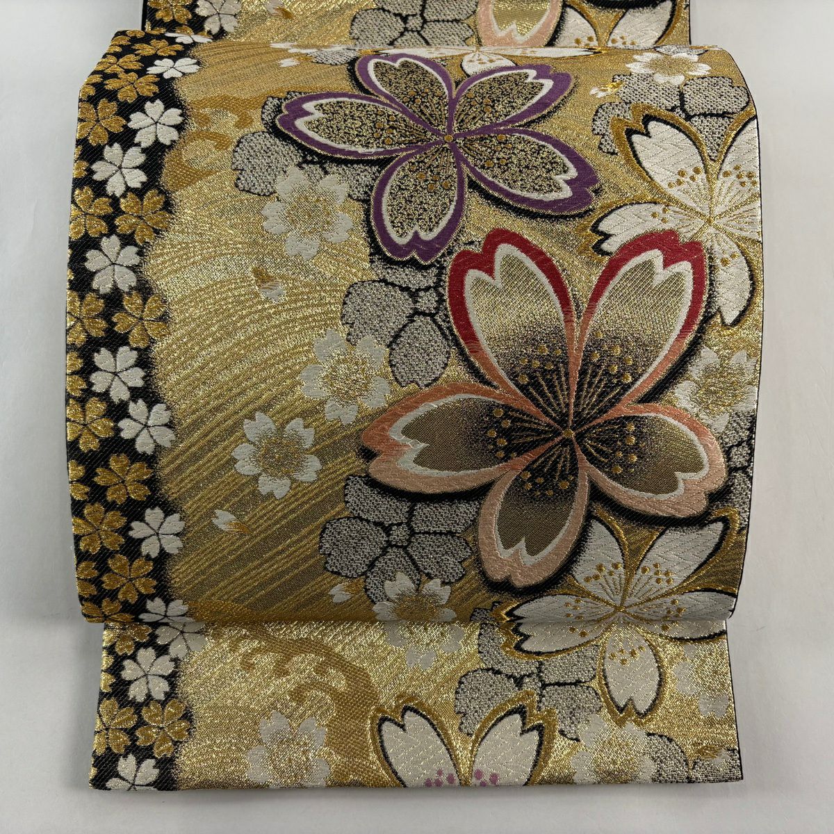 【美品】 袋帶 秀品級 櫻花花瓣 刺繡 金絲 金 六通 純蠶絲