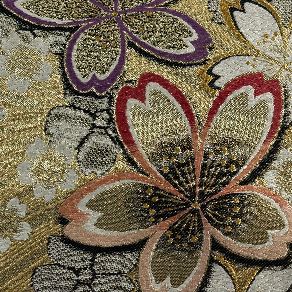 【美品】 袋帶 秀品級 櫻花花瓣 刺繡 金絲 金 六通 純蠶絲