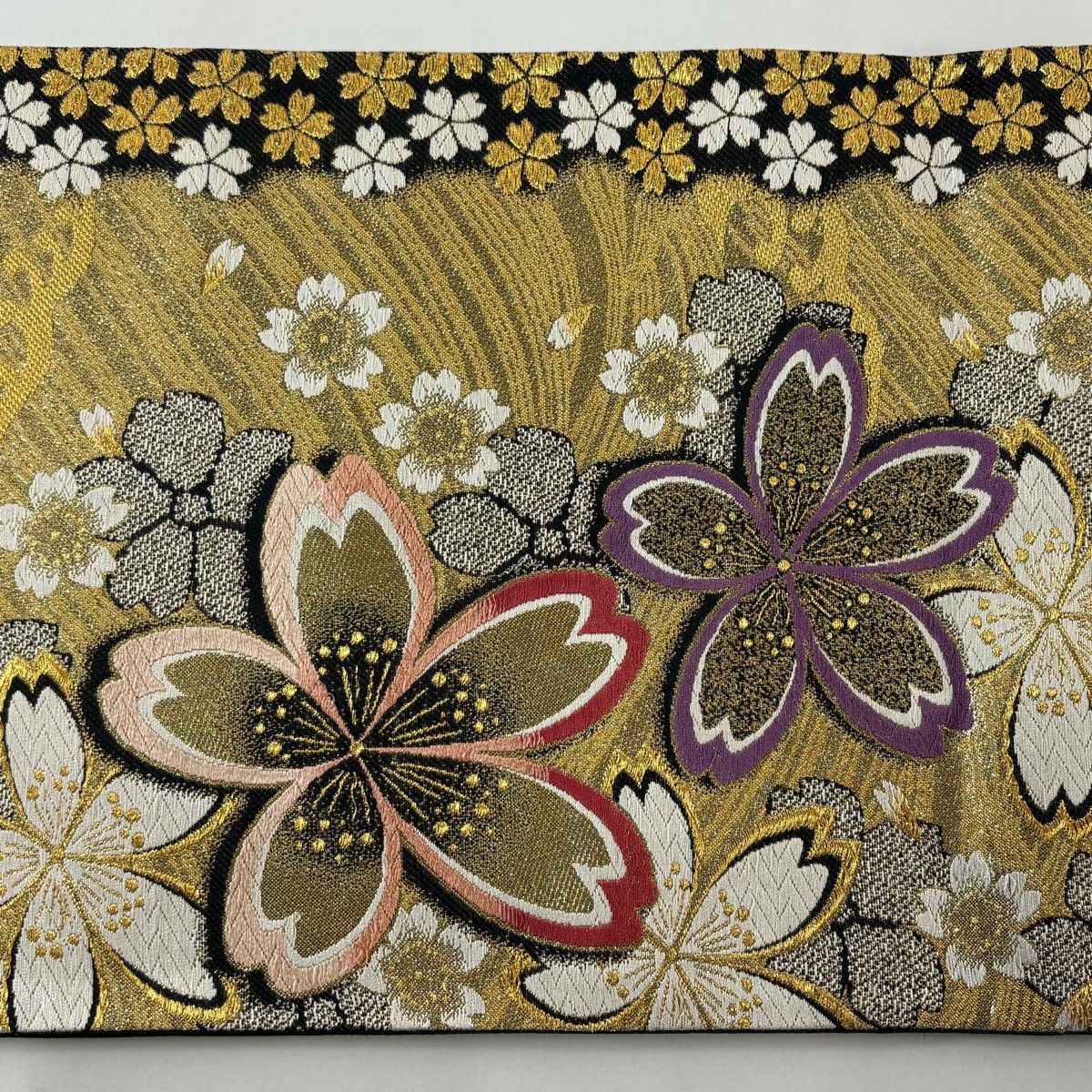 【美品】 袋帶 秀品級 櫻花花瓣 刺繡 金絲 金 六通 純蠶絲