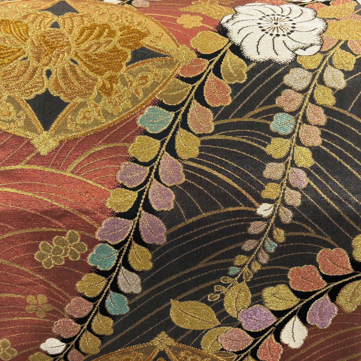 【美品】 袋帶 秀品級 關西仕立 草花紋紋 七寶紋 金糸 金金箔 黑灰 六通 純蠶絲