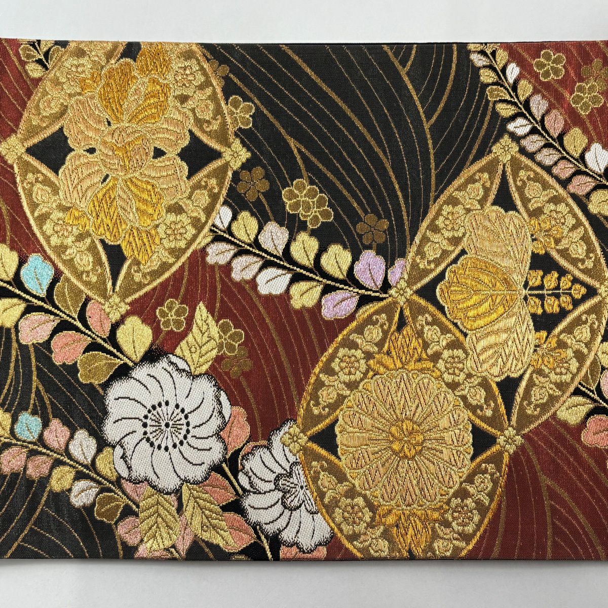 【美品】 袋帶 秀品級 關西仕立 草花紋紋 七寶紋 金糸 金金箔 黑灰 六通 純蠶絲