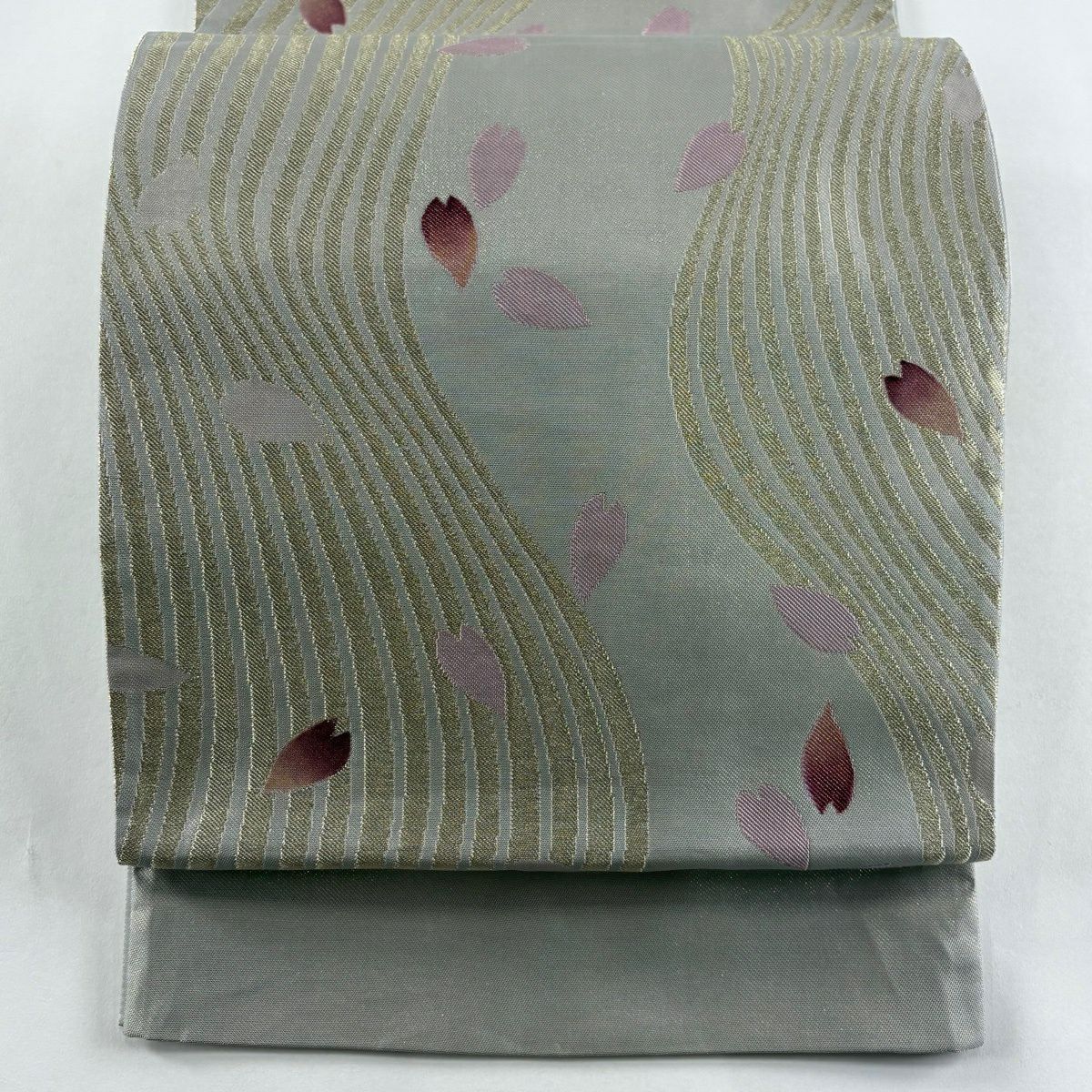 【美品】 袋帶 秀品級 花瓣 雜色條紋 金絲 金銀彩 灰色 全通 純蠶絲