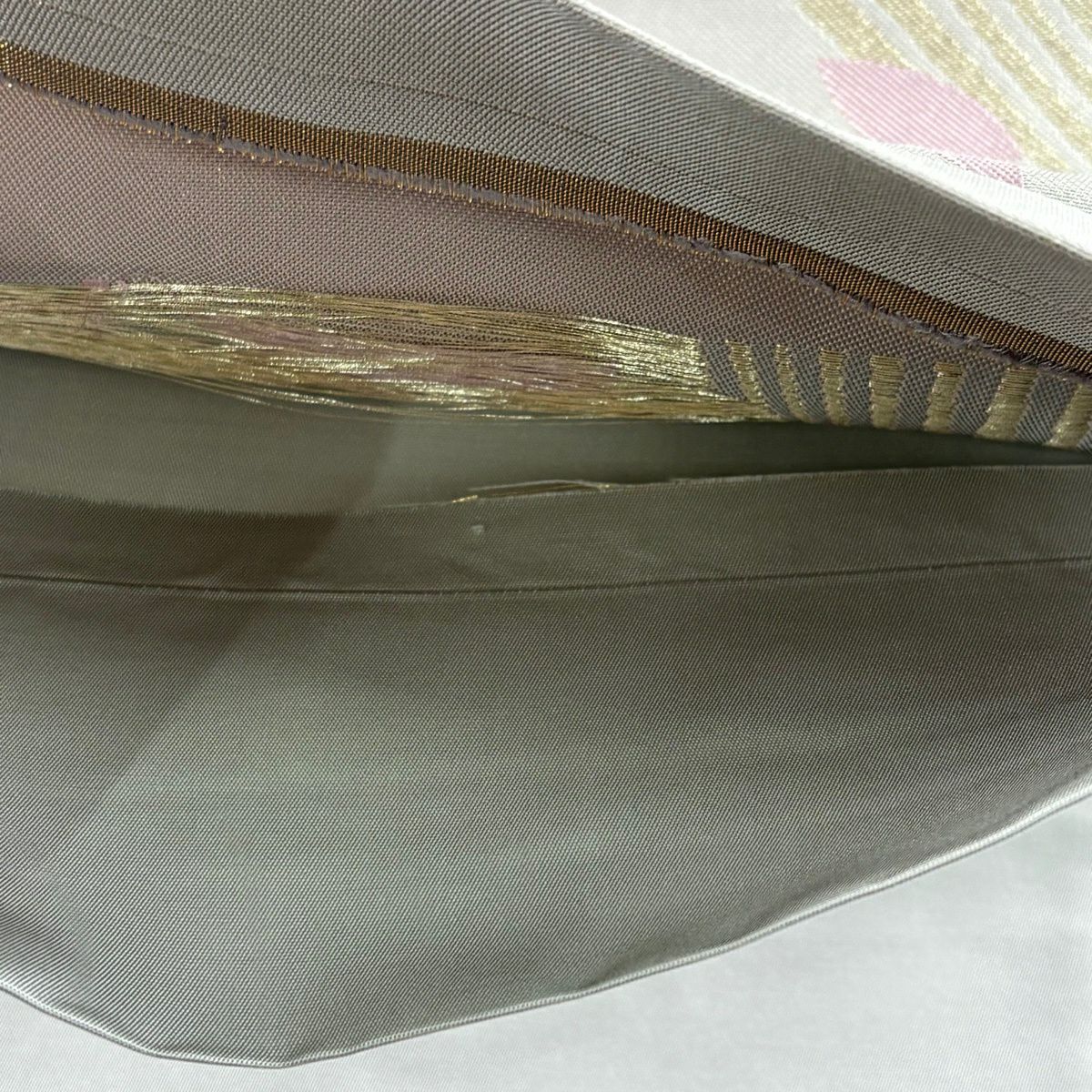 【美品】 袋帶 秀品級 花瓣 雜色條紋 金絲 金銀彩 灰色 全通 純蠶絲