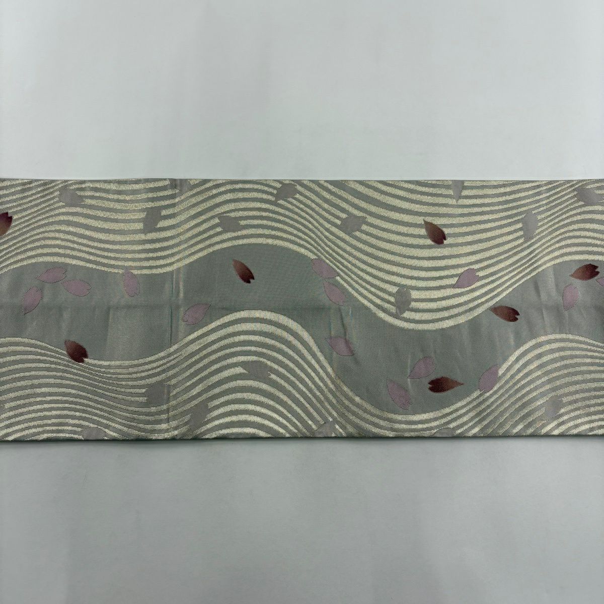 【美品】 袋帶 秀品級 花瓣 雜色條紋 金絲 金銀彩 灰色 全通 純蠶絲