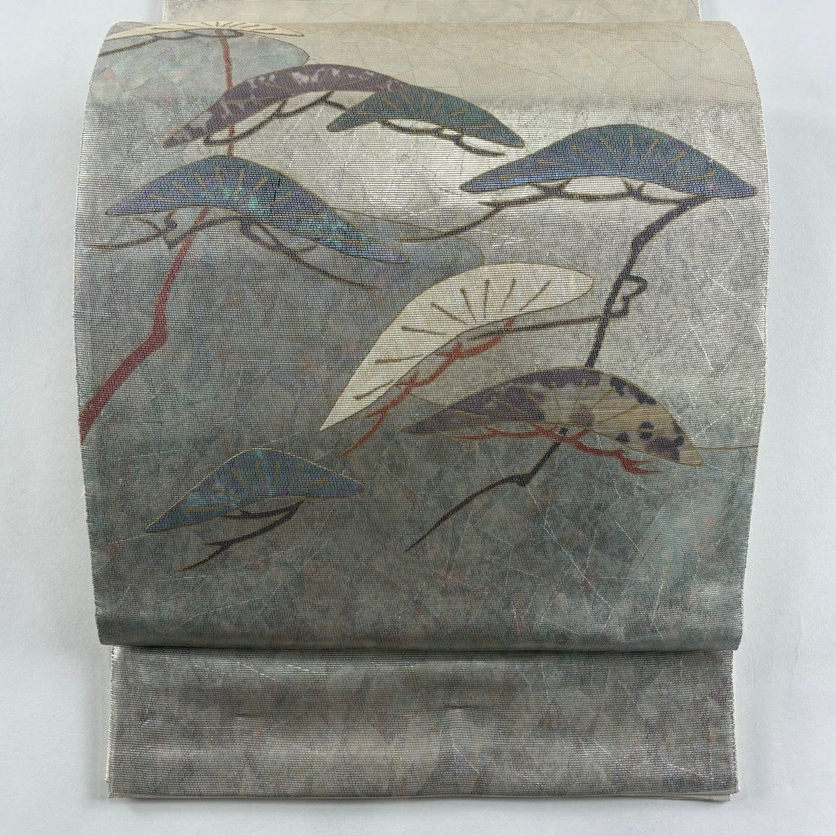 【美品】 袋帶 秀品級 關西仕立 松樹 霞 螺鈿金金箔 金金箔 灰綠 お太鼓圖案 純蠶絲