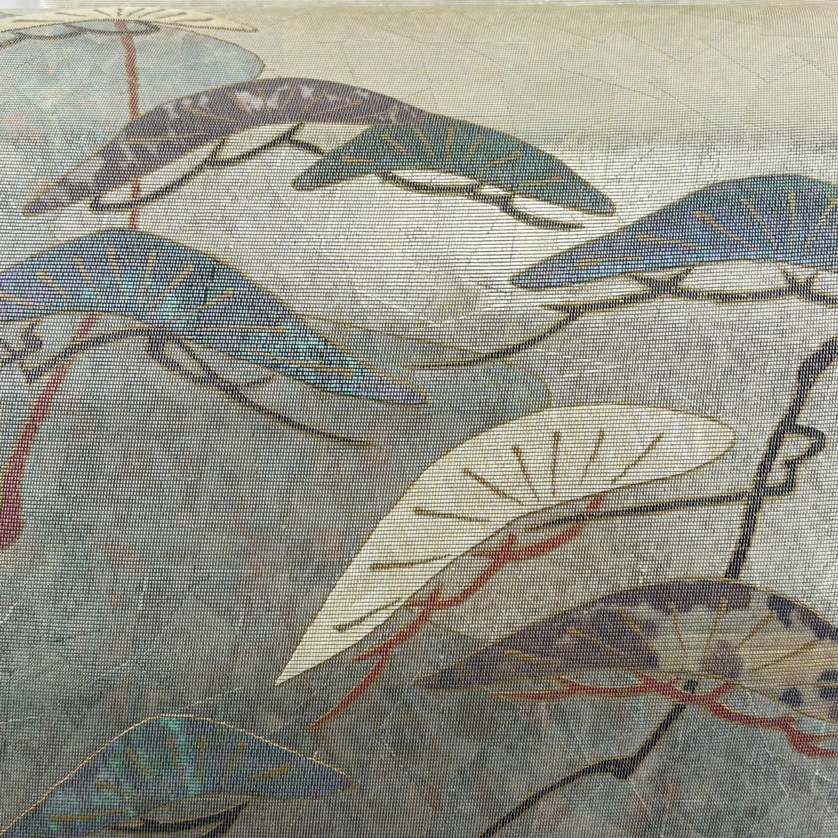 【美品】 袋帶 秀品級 關西仕立 松樹 霞 螺鈿金金箔 金金箔 灰綠 お太鼓圖案 純蠶絲