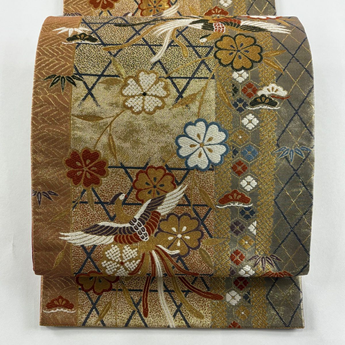 【美品】 袋帶 秀品級 尾長鳥 櫻花 刺繡 金線 金色 六通 純蠶絲