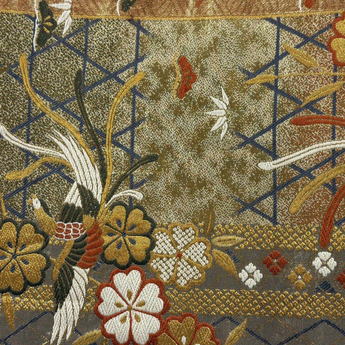 【美品】 袋帶 秀品級 尾長鳥 櫻花 刺繡 金線 金色 六通 純蠶絲