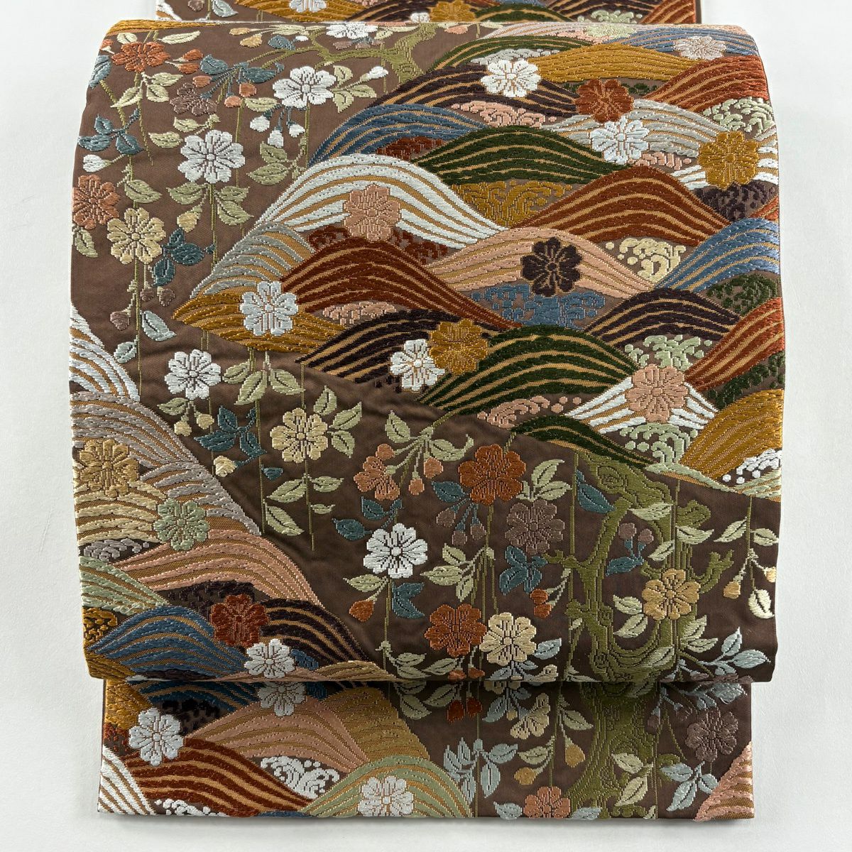 【美品】 袋帶 秀品級 樱花 波頭 刺繡 金金箔 小豆 深藍 六通 純蠶絲