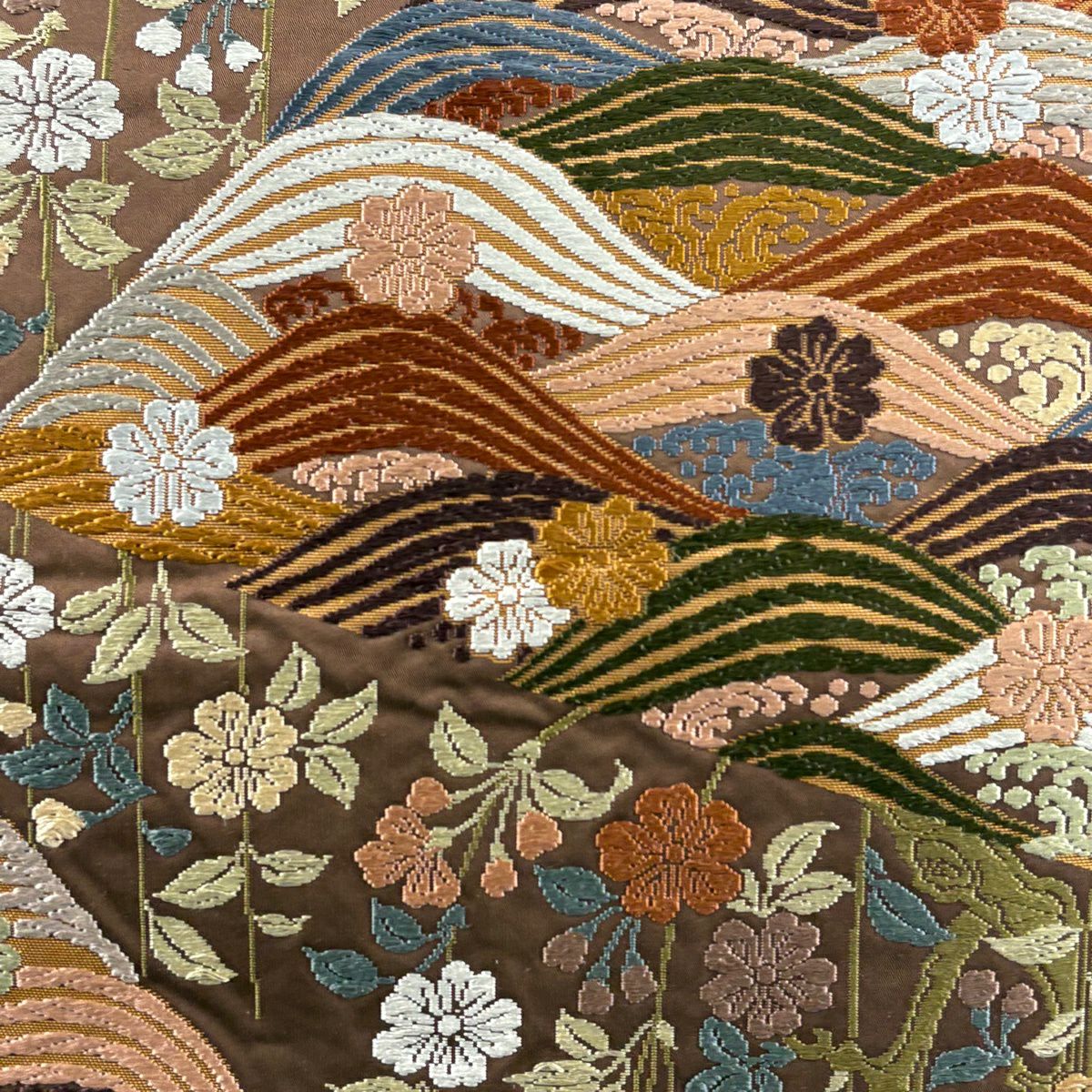 【美品】 袋帶 秀品級 樱花 波頭 刺繡 金金箔 小豆 深藍 六通 純蠶絲