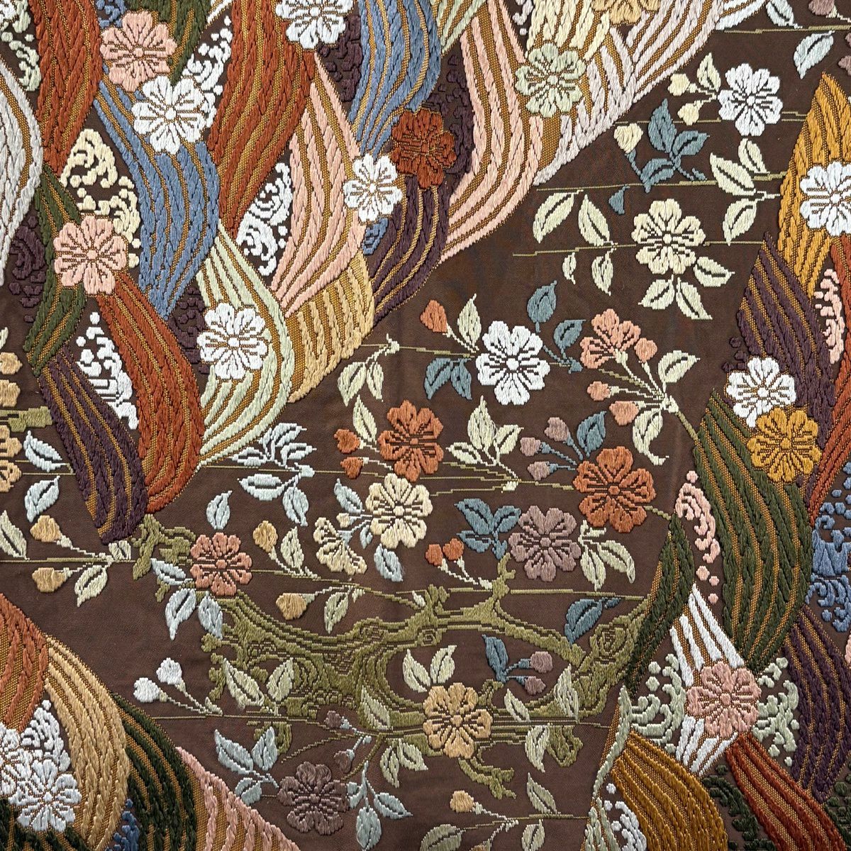 【美品】 袋帶 秀品級 樱花 波頭 刺繡 金金箔 小豆 深藍 六通 純蠶絲