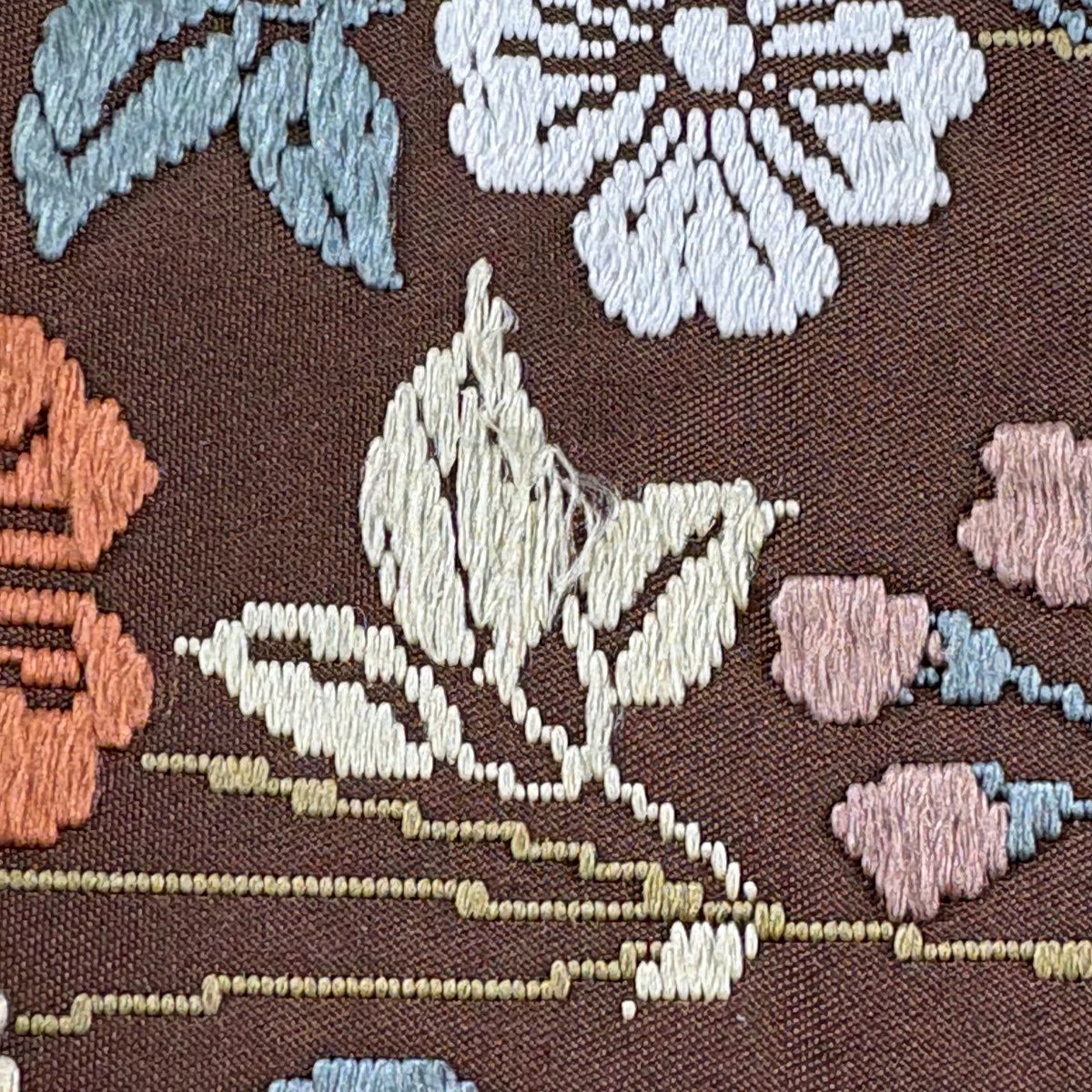 【美品】 袋帶 秀品級 樱花 波頭 刺繡 金金箔 小豆 深藍 六通 純蠶絲