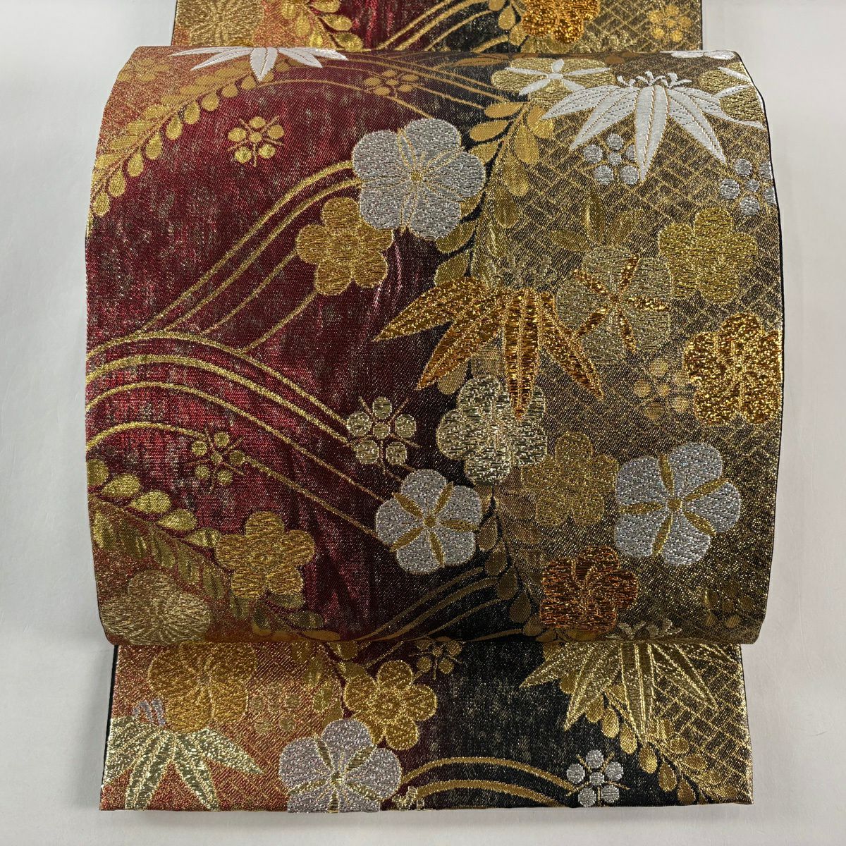 【美品】 袋帶 秀品級 梅花 笹 金銀彩 金金箔 紅茶 六通 純蠶絲
