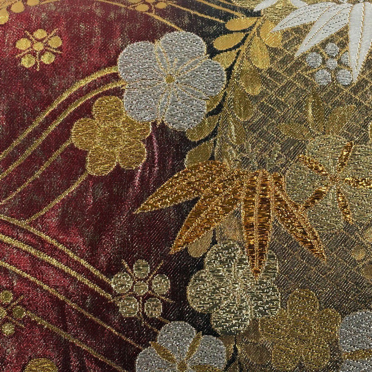 【美品】 袋帶 秀品級 梅花 笹 金銀彩 金金箔 紅茶 六通 純蠶絲