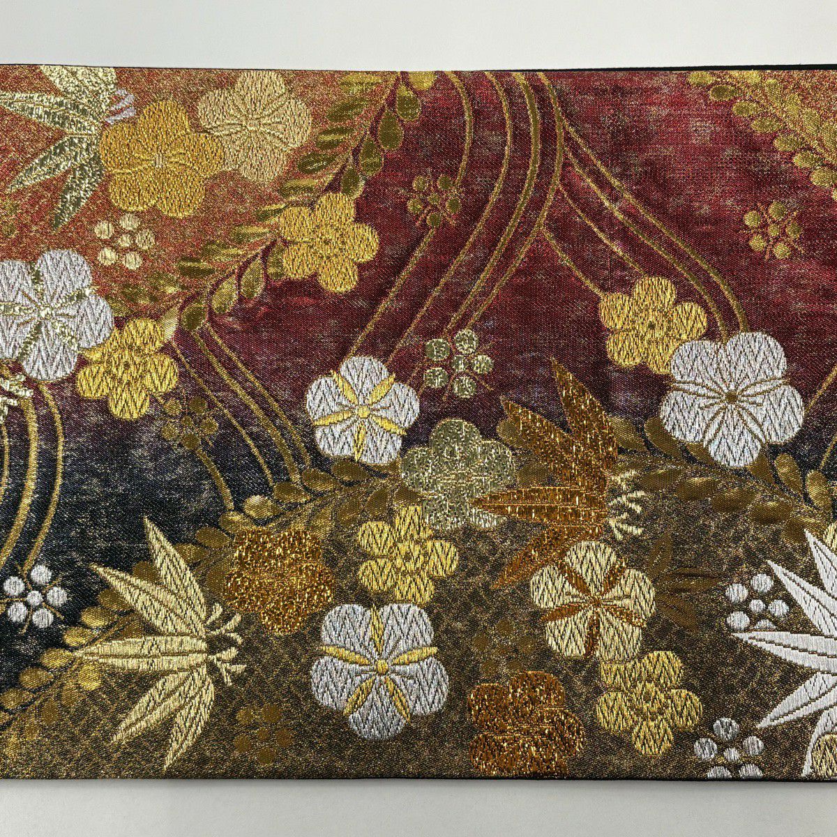 【美品】 袋帶 秀品級 梅花 笹 金銀彩 金金箔 紅茶 六通 純蠶絲