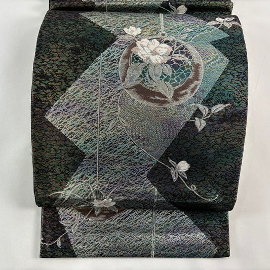【美品】 袋帶 優品級 掛綠 草花紋紋 金金箔 刺繡 綠 六通 純蠶絲