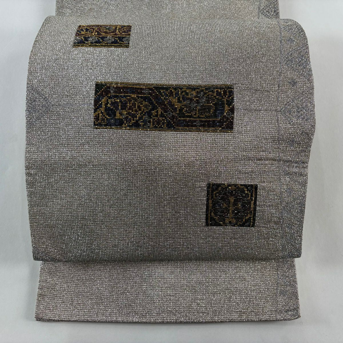 【美品】 袋帶 秀品級 草花紋紋 幾何學 珠子 金金箔 淺紫色 大鼓圖案 純蠶絲