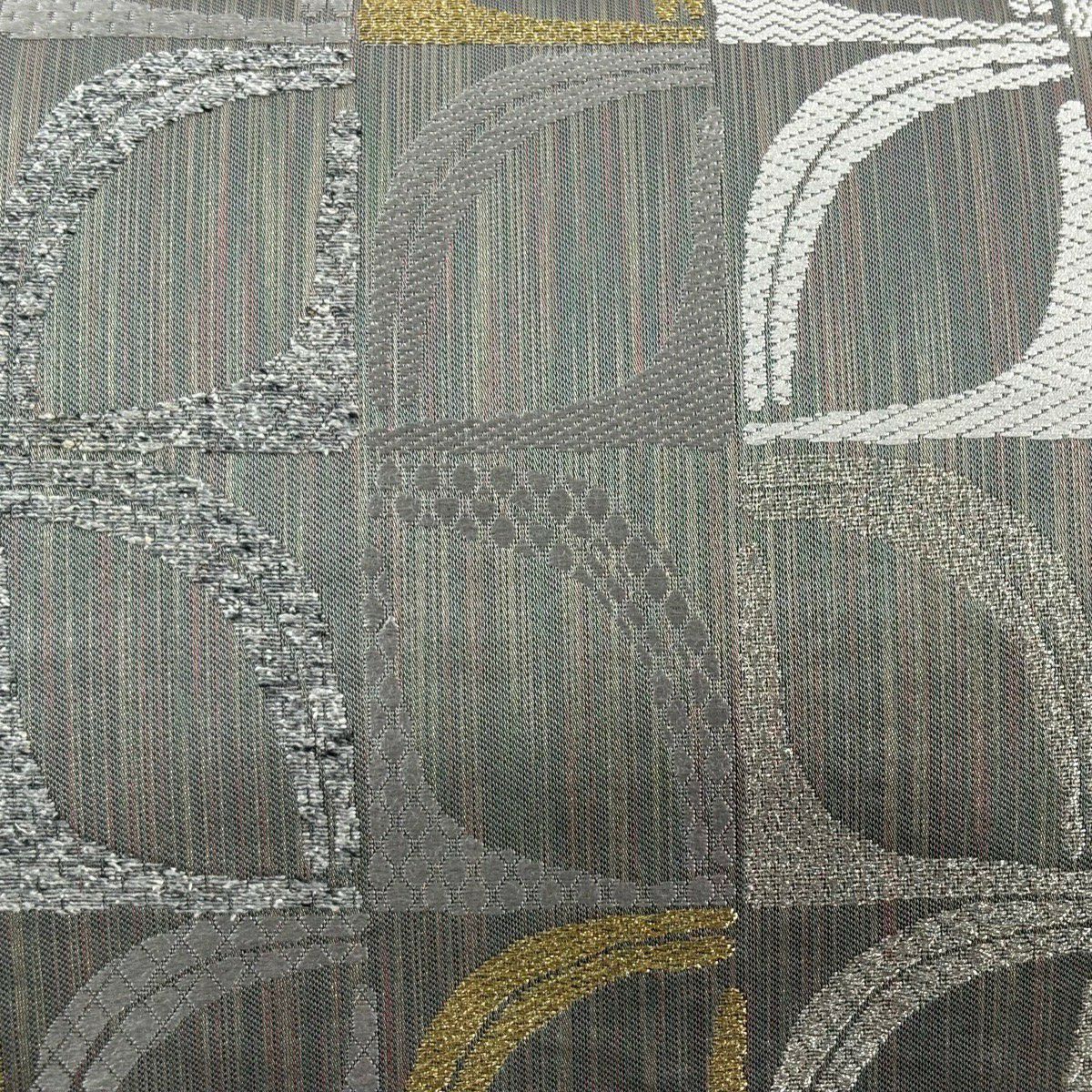 【美品】 袋帶 秀品級 幾何學 縞紋 金金箔 金銀彩 灰色 六通 純蠶絲