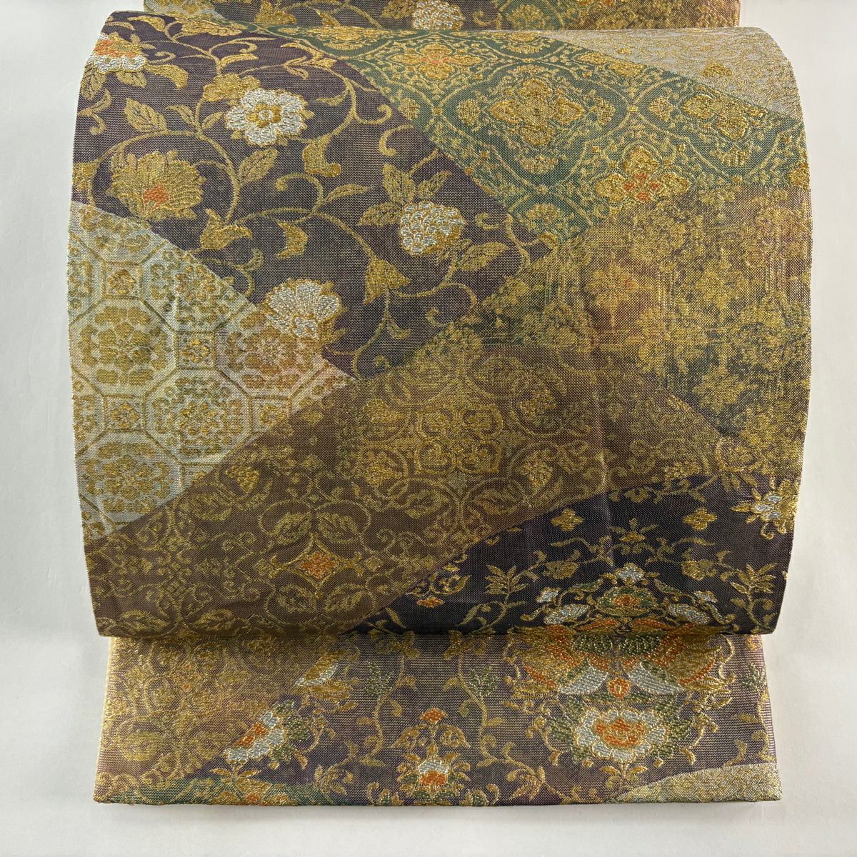 【美品】 袋帶 秀品級 向鳥 花唐草紋 金銀彩 金金箔 紫 六通 純蠶絲