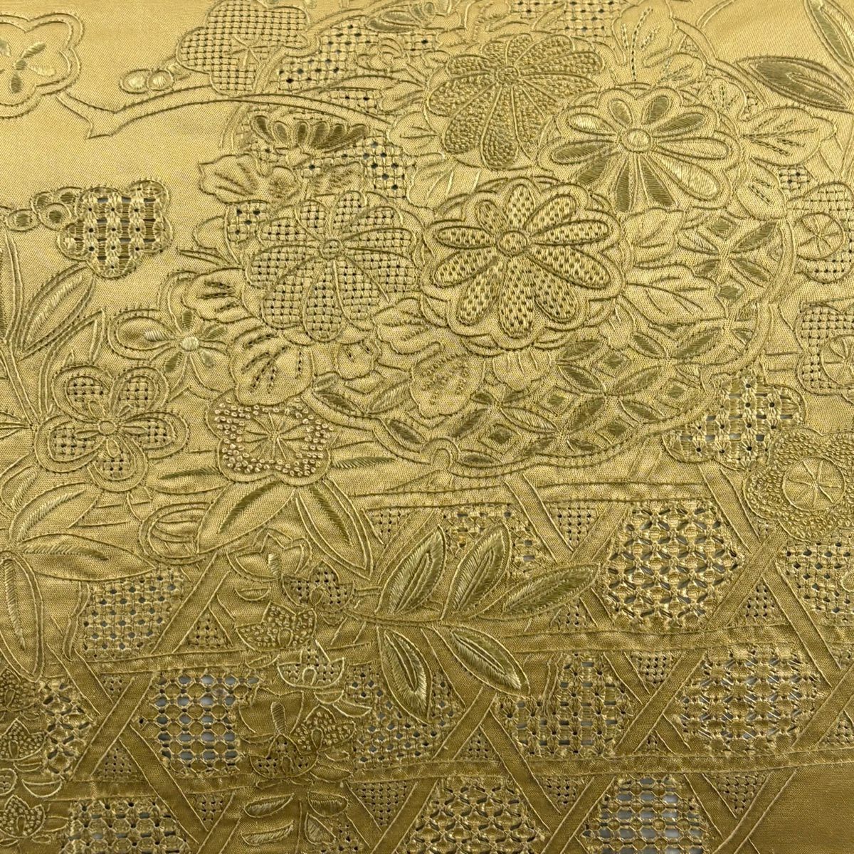 【美品】名古屋帶 秀品級 雪輪 草花紋刺繡 黃土 純蠶絲