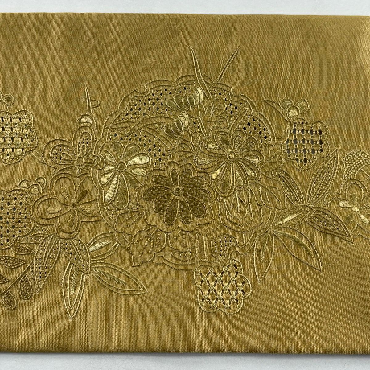 【美品】名古屋帶 秀品級 雪輪 草花紋刺繡 黃土 純蠶絲
