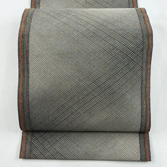 【美品】 名古屋帶 優品級 八寸名古屋帶 隧道仕立 斜格子 細條 金絲 灰色 純蠶絲