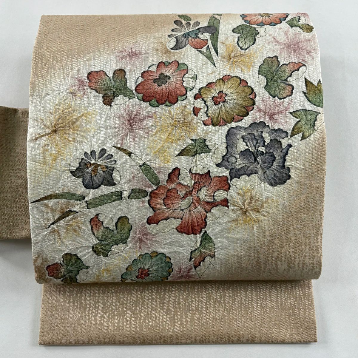 【美品】名古屋帶 秀品級 草花紋紋 金銀彩 漸層 米色 純蠶絲