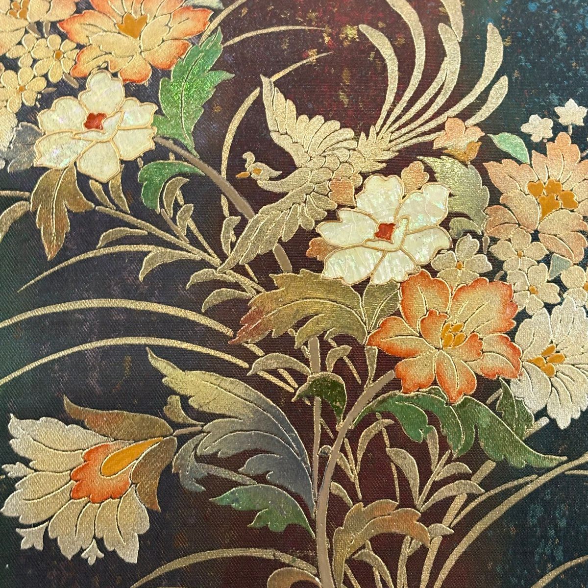 名古屋帶 秀品級 草花紋紋 鳳凰 金金箔 螺鈿 紅黑 純蠶絲