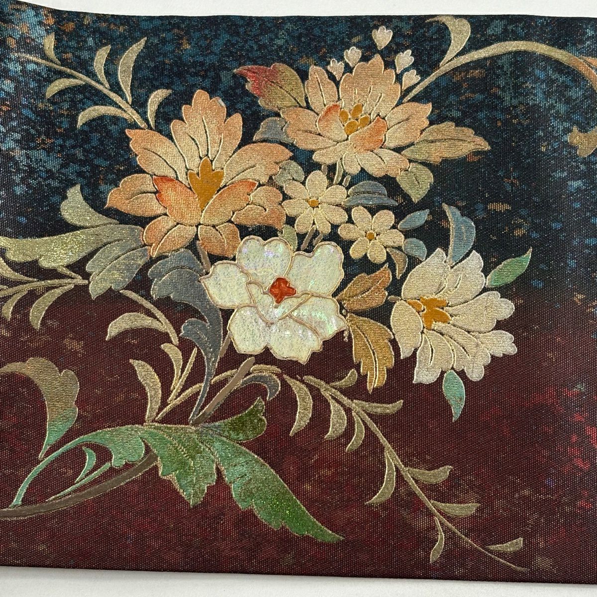 名古屋帶 秀品級 草花紋紋 鳳凰 金金箔 螺鈿 紅黑 純蠶絲