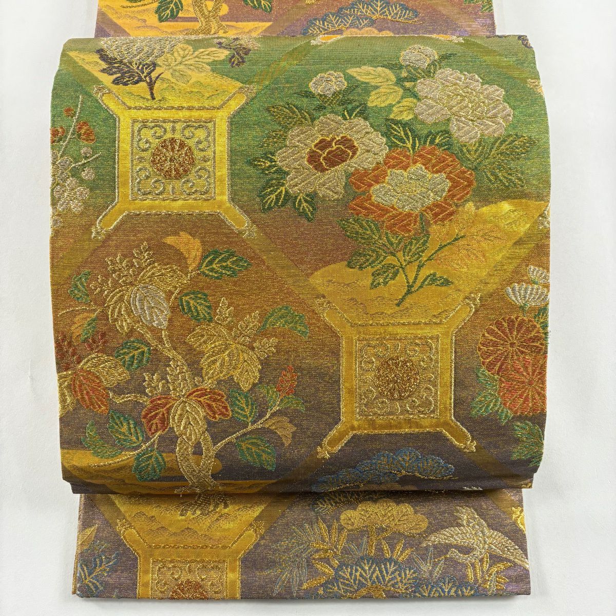 袋帶 逸品級 佐波理 落款 蜀江祭華圖 花鳥 唐織 金金箔 金色 六通 純蠶絲