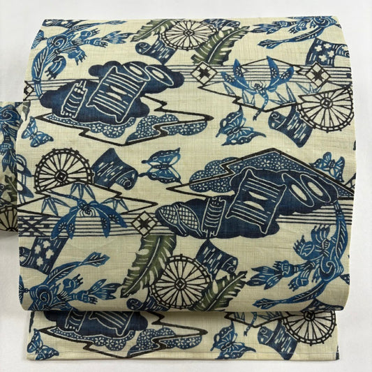 名古屋帶 逸品級 城間榮順 落款 夏帶 線卷 蝴蝶 淺綠 麻