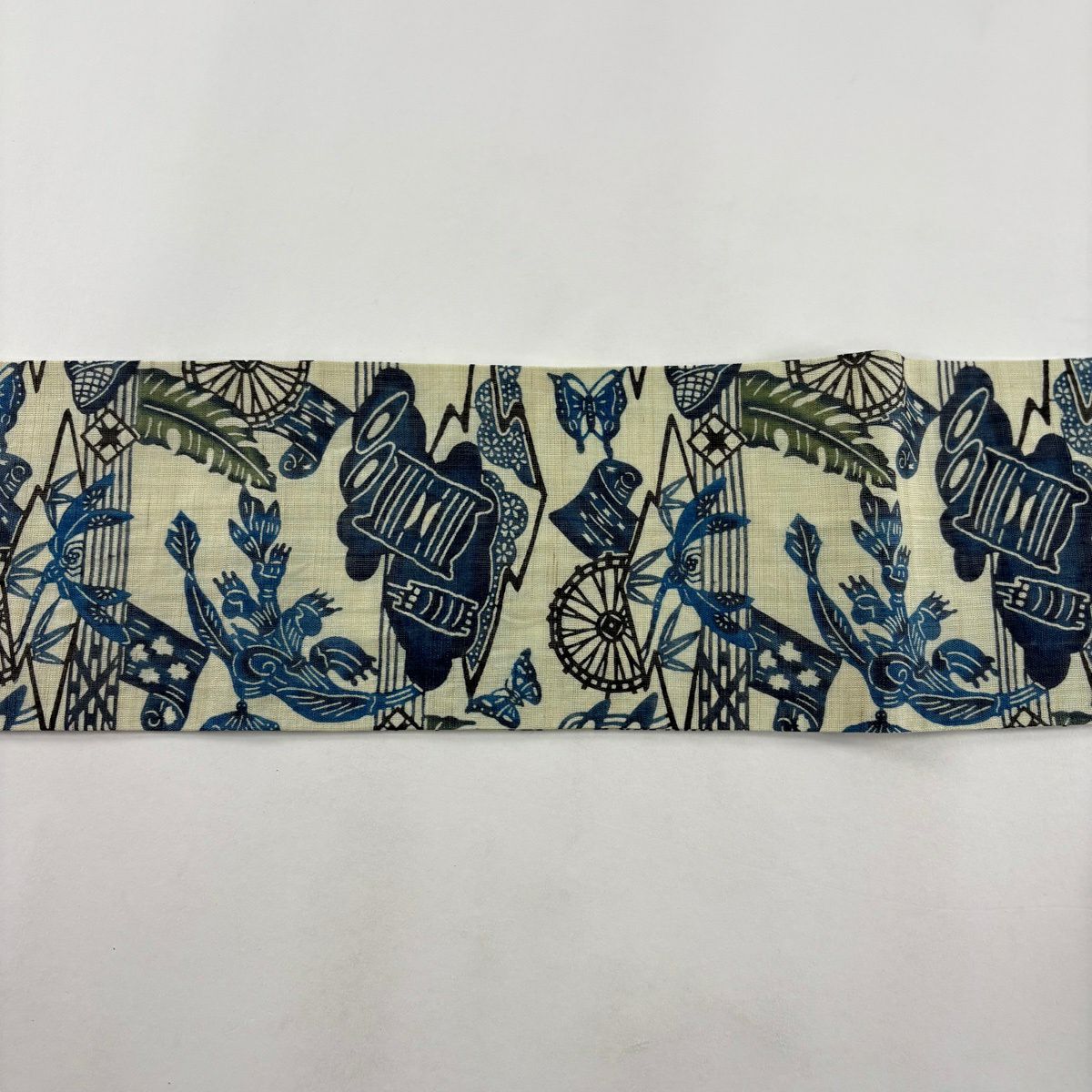 名古屋帶 逸品級 城間榮順 落款 夏帶 線卷 蝴蝶 淺綠 麻