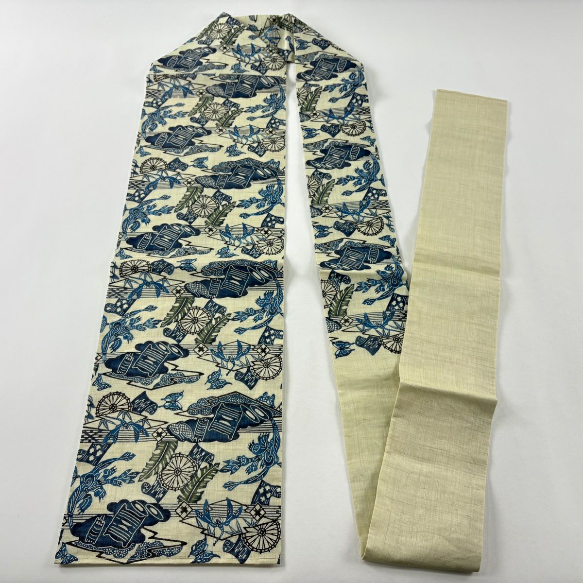 名古屋帶 逸品級 城間榮順 落款 夏帶 線卷 蝴蝶 淺綠 麻