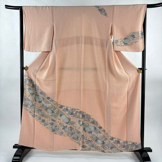 【美品】訪問服 身長159.5cm 袖長65cm M 雙層 辻花染圖案 地紋 銀線 金金箔 淺粉色 純蠶絲 優品級