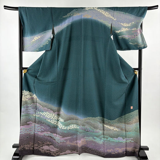 訪問服 身長168.5cm 袖長67.5cm L 雙層 滝泰 有落款 草花紋紋 波 金通染 灰綠 純蠶絲 逸品級